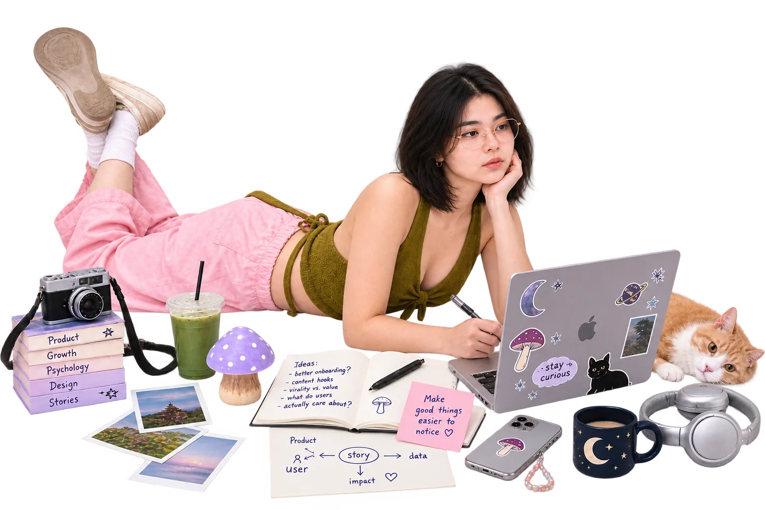 May Thaw Tar Susan lying among books labelled Product, Growth, Psychology, Design and Stories, a camera, matcha, a sticker-covered laptop and a cat